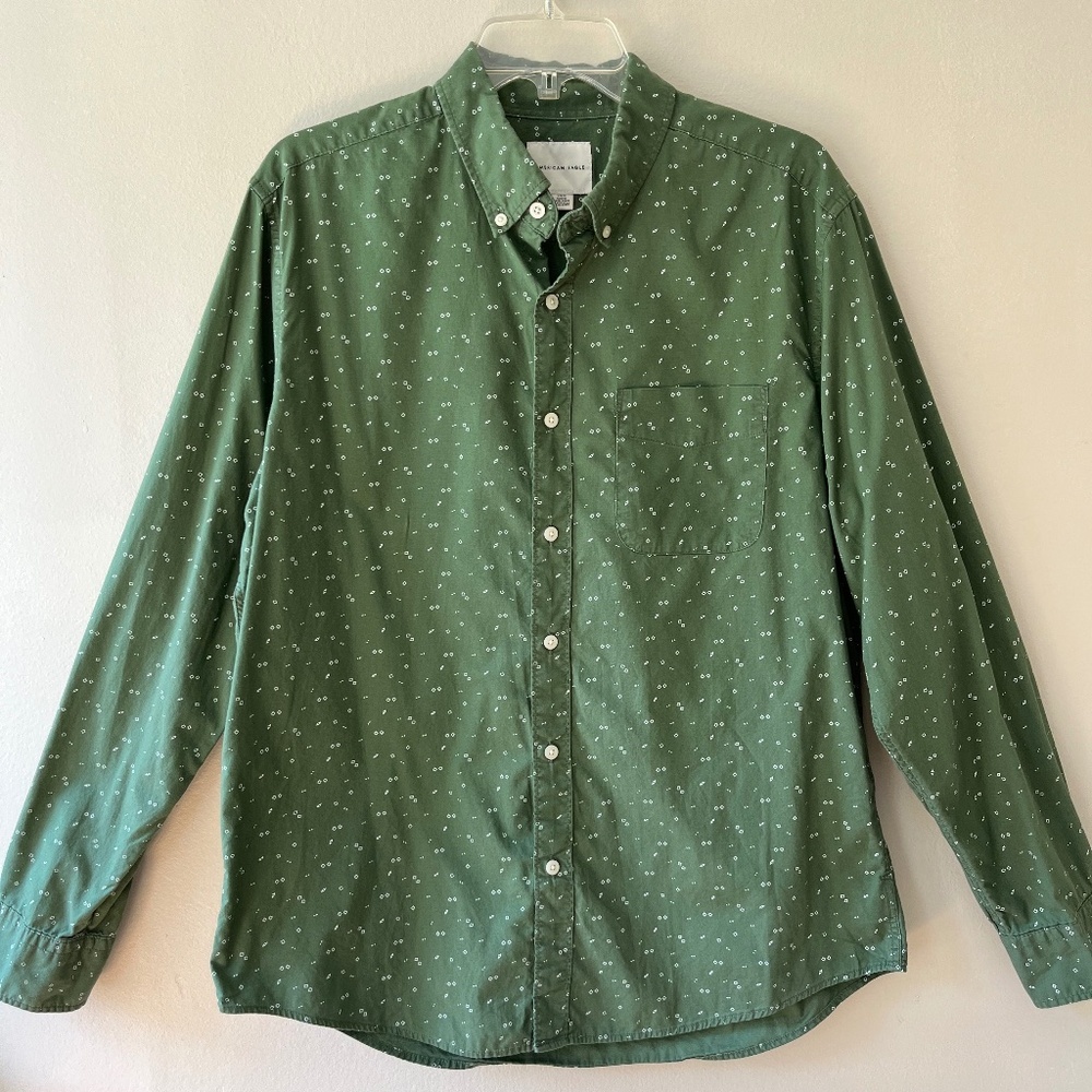 American Eagle Men Sz L Button Up Shirt Green Geometric Long Sleeve Standard Fit